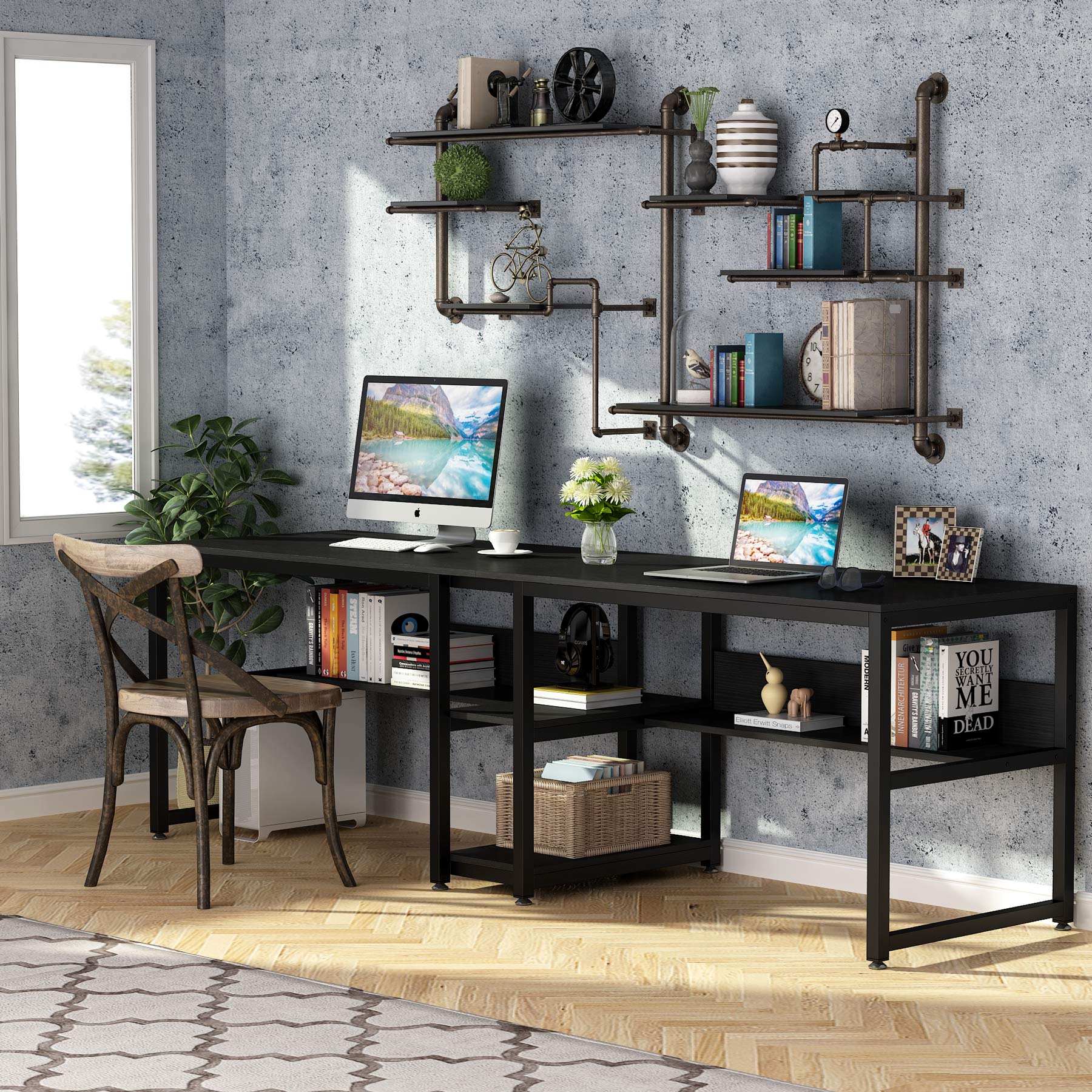 78.7" Two Person Desk with Bookshelf